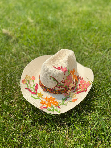 Floral Motif Brown Hat