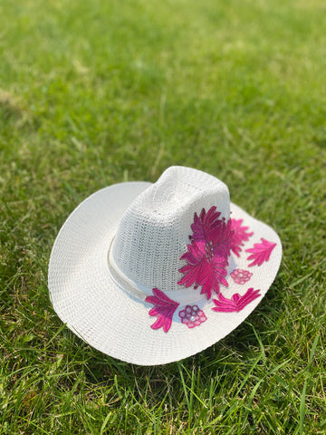 Pink Floral Motif White Hat