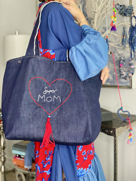 Super Mom Hand embroidered  Tote bag